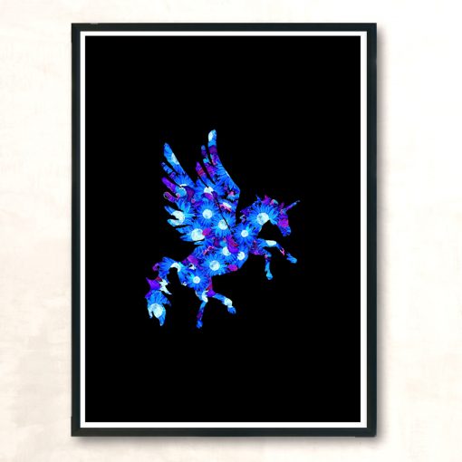 Blue Flowers Pegasus Unicorn Modern Poster Print