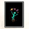 Funny Alien Juggling Planets Space Vintage Wall Poster
